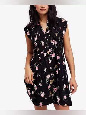 Free People Greatest Day Printed Smocked Shirtdress Cap sleeves size M